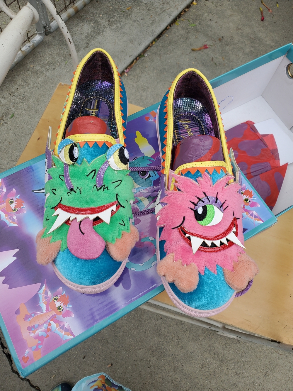 Irregular Choice Colorful Monster Slip-On Flats in Pink, Green & Blue